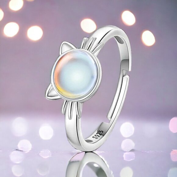 NWT S925 Sterling Silver Round Moonstone Cat Ring Adjustable Sz.6-8 - Picture 8 of 8